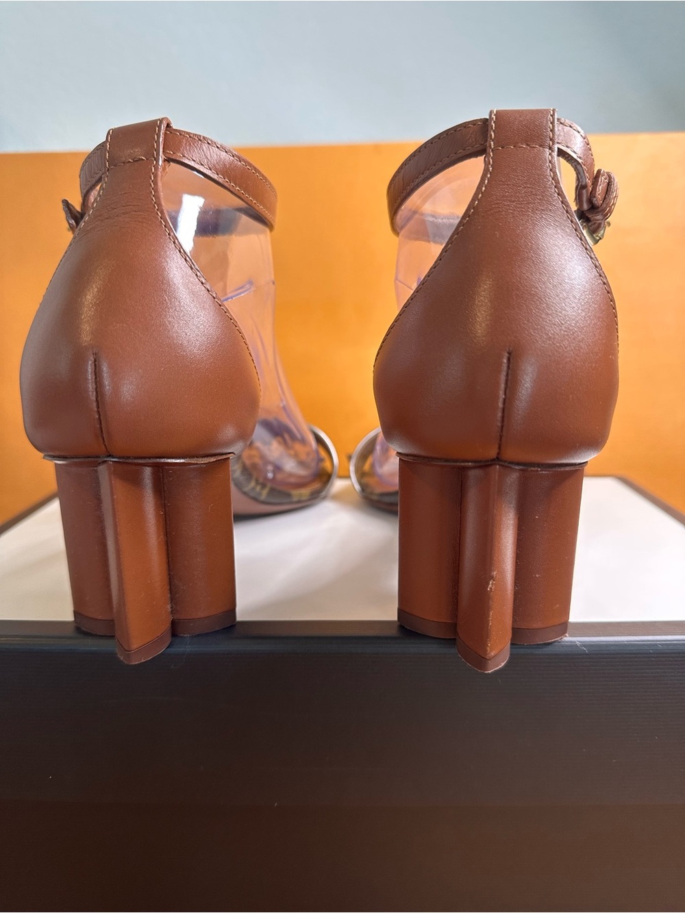 Louis Vuitton Brown and Gold Clear Ankle-Strap Block Heels - Picture 8 of 8